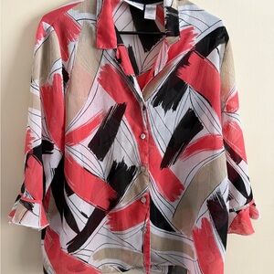 Alfred Dunner Pink and Black Abstract Button Down Shirt